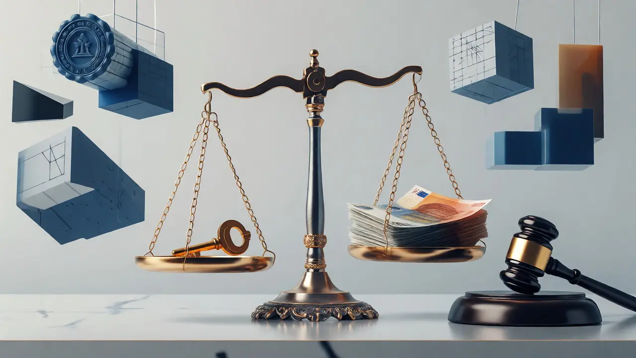 Waage mit Schlüssel und Geldscheinen als Symbol für faire Immobilienprovisionen.