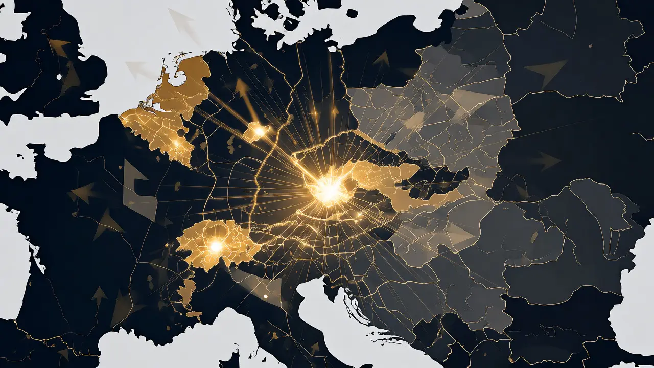 Abstrakte Karte Europas mit leuchtenden Metropolen und schwindenden ländlichen Gebieten