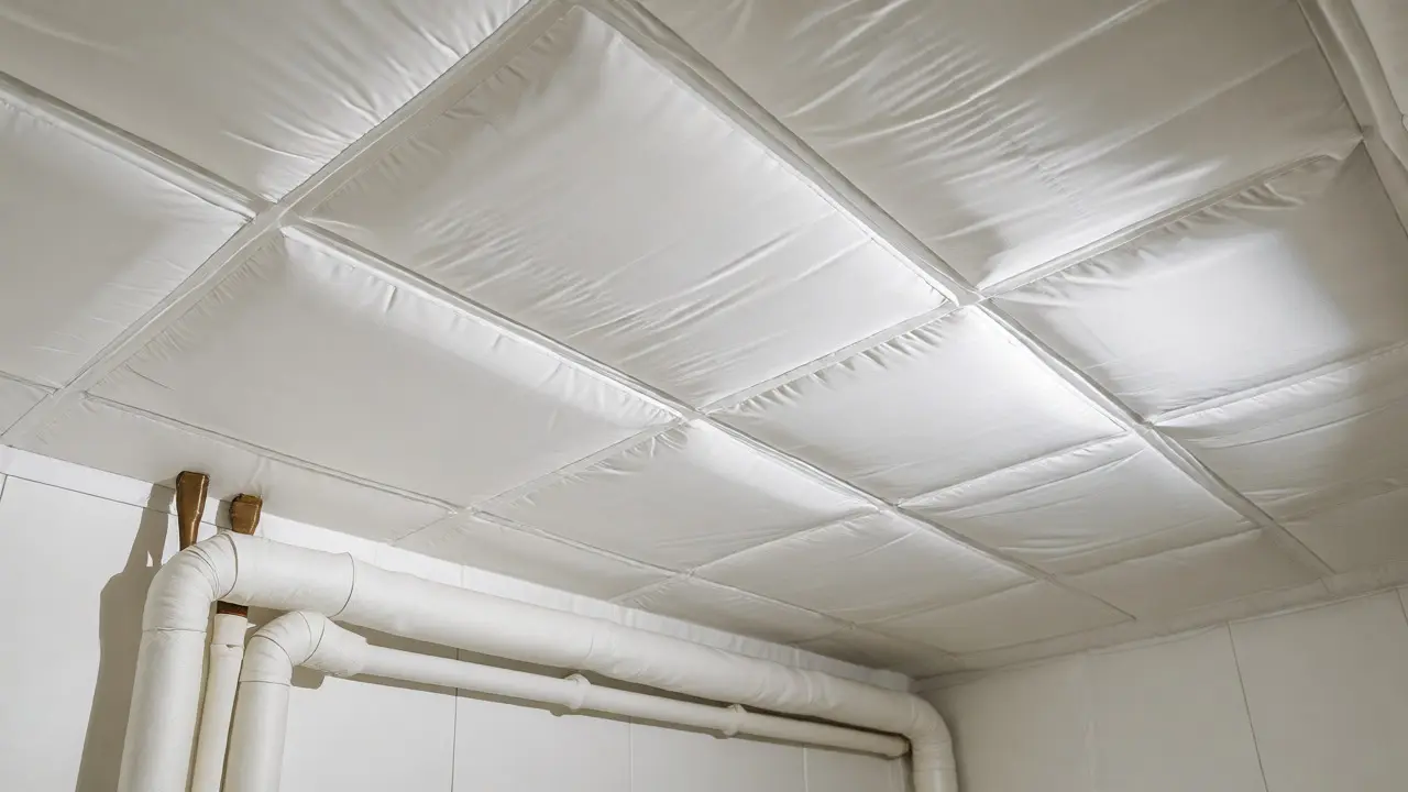 Fertig gedämmte Kellerdecke mit isolierten Heizungsrohren