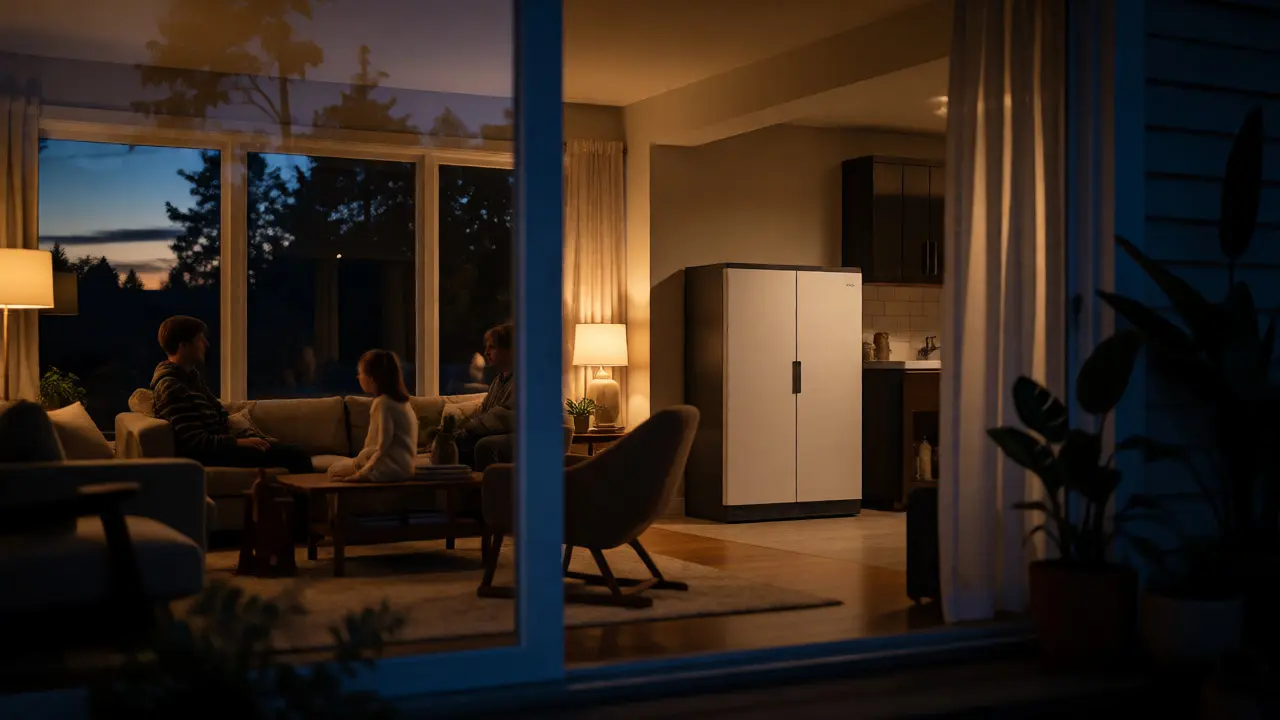 Gemütliches Hausinneres am Abend mit Batteriespeicher im Hintergrund