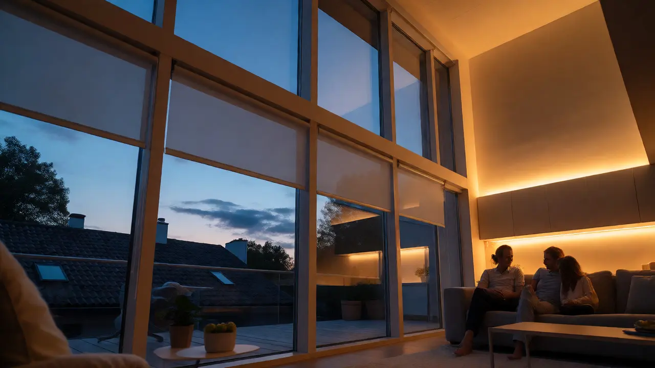 Gemütliches Wohnzimmer bei Dämmerung mit automatisierter Beleuchtung, Rollläden und Heizung für maximale Effizienz.