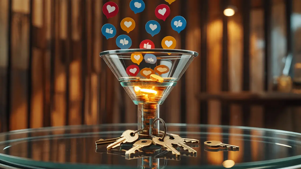 Glas-Trichter visualisiert den Weg von digitalen Likes zu Immobilienabschlüssen