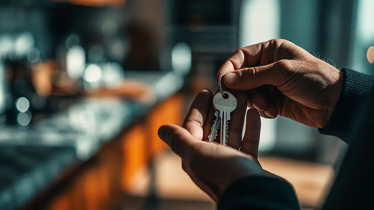 Hände mit Hausschlüsseln vor renoviertem Wohnraum