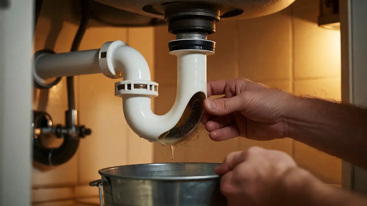 Hände reinigen einen verstopften Siphon unter dem Waschbecken