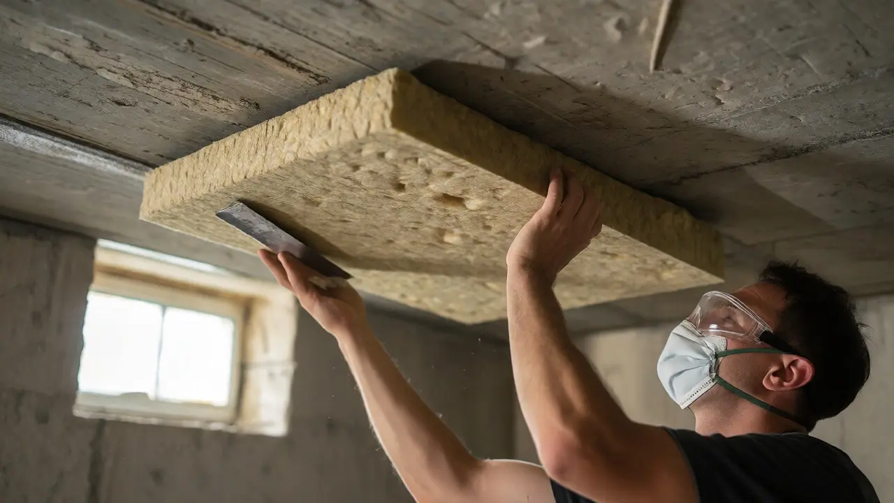 Handwerker montiert Dämmplatten an die Kellerdecke mit Schutzkleidung