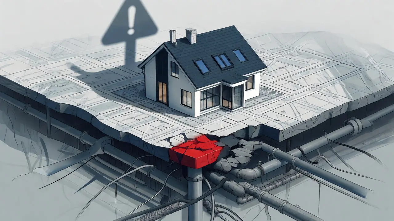 Hausmodell auf Bauplan mit Rissen im Fundament als Symbol für Risiken