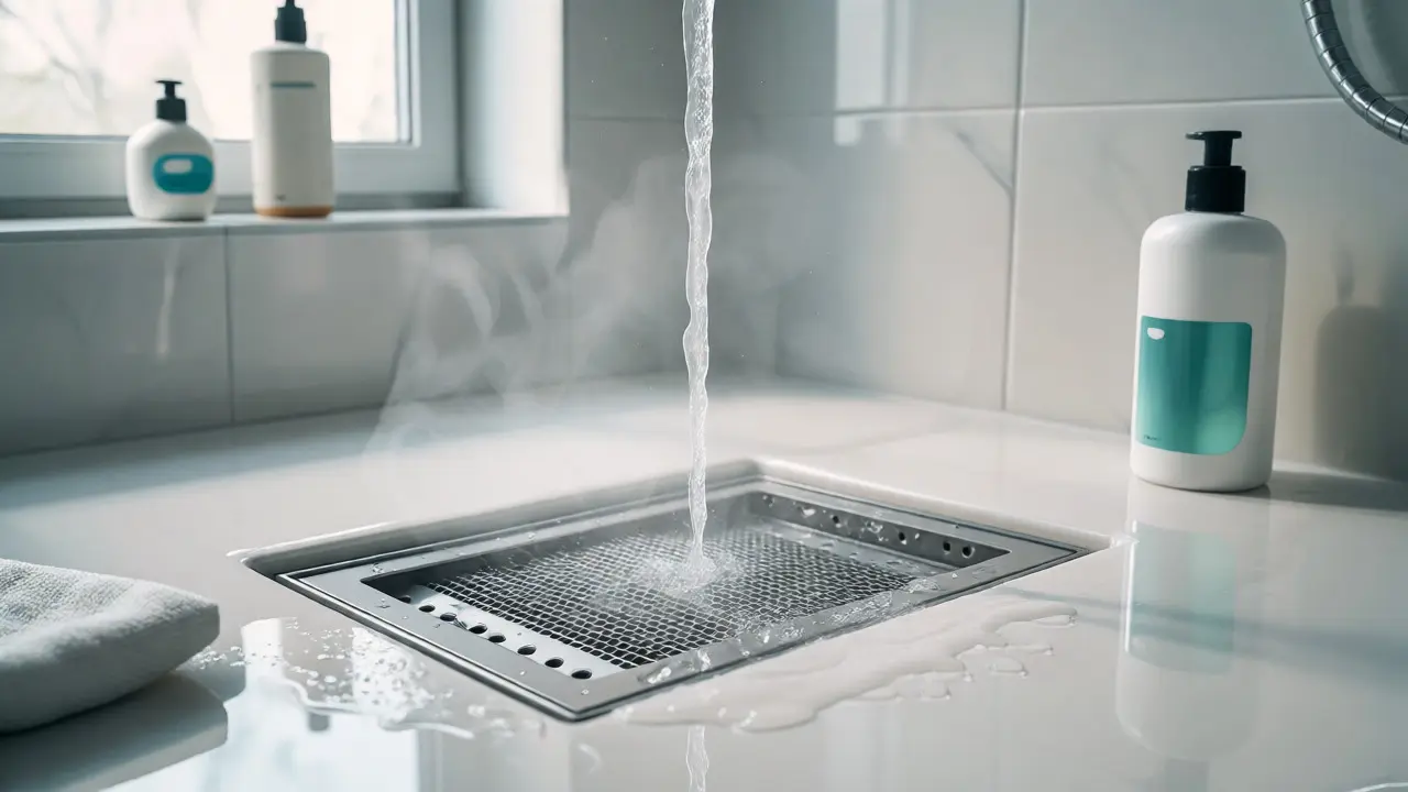 Heißes Wasser wird über einen sauberen Duschablauf gegossen