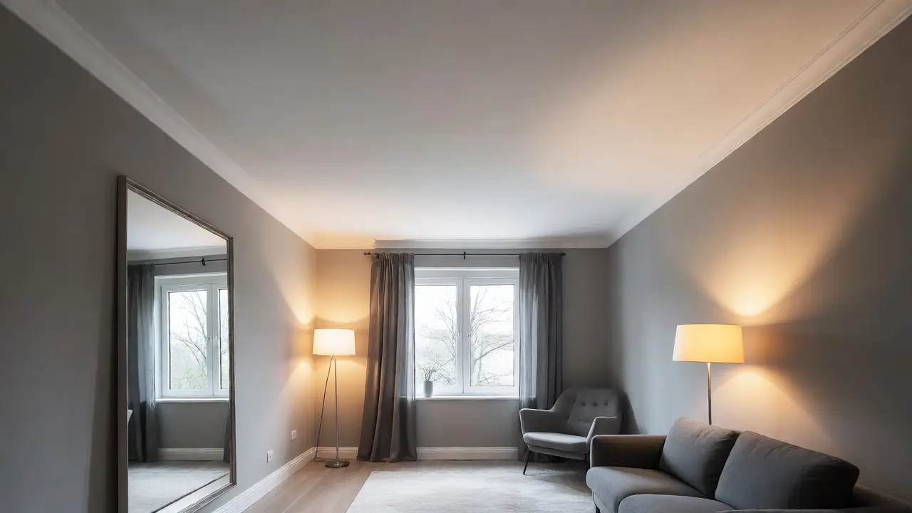 Kleines Nordzimmer mit weißer Decke, Spiegel und warmer Wandbeleuchtung zur optischen Weite.