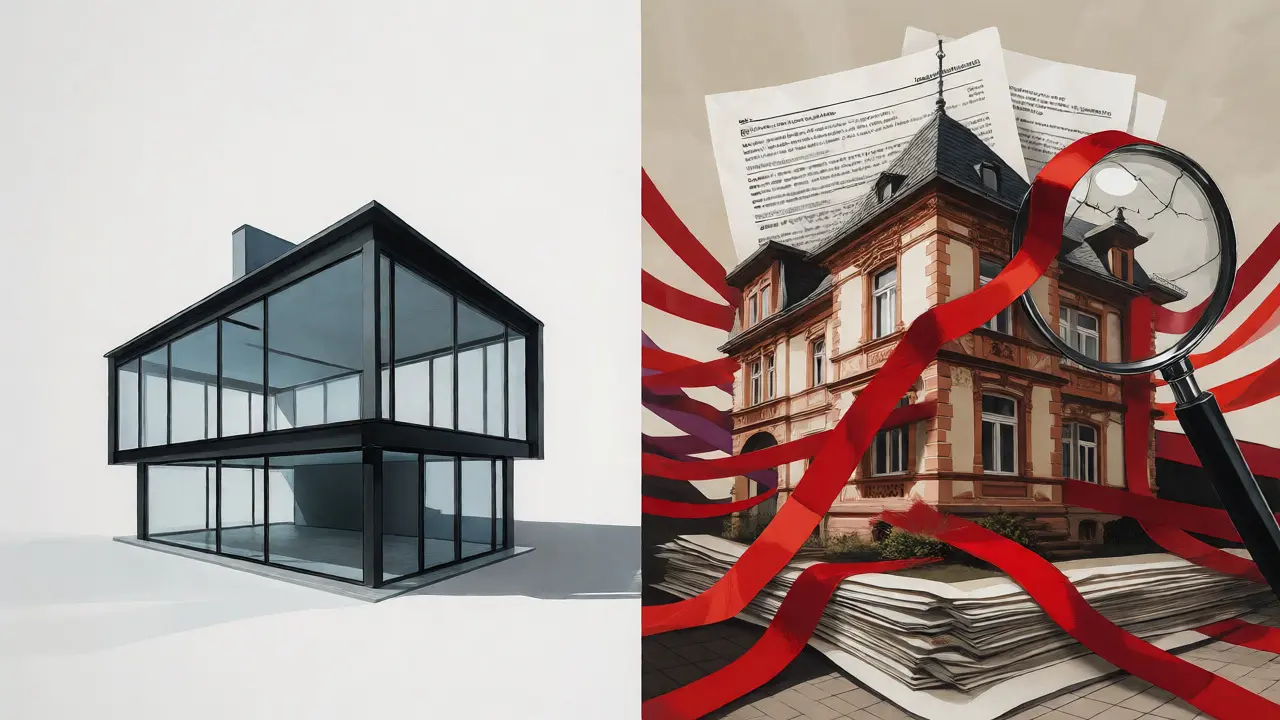 Konzeptbild: Vergleich zwischen moderner Immobilie und denkmalgeschütztem Haus