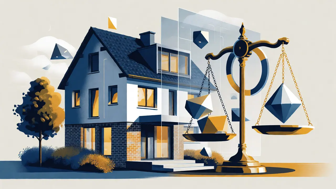 Konzeptgrafik: Haus mit Bewertungs-Schichten und Waage