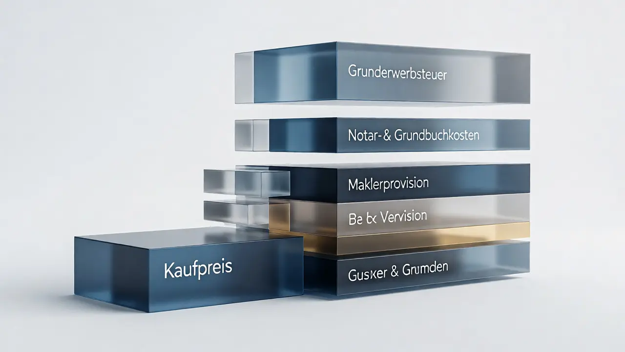Konzeptionelle Darstellung der Aufteilung von Kaufnebenkosten und Kaufpreis als 3D-Blöcke.