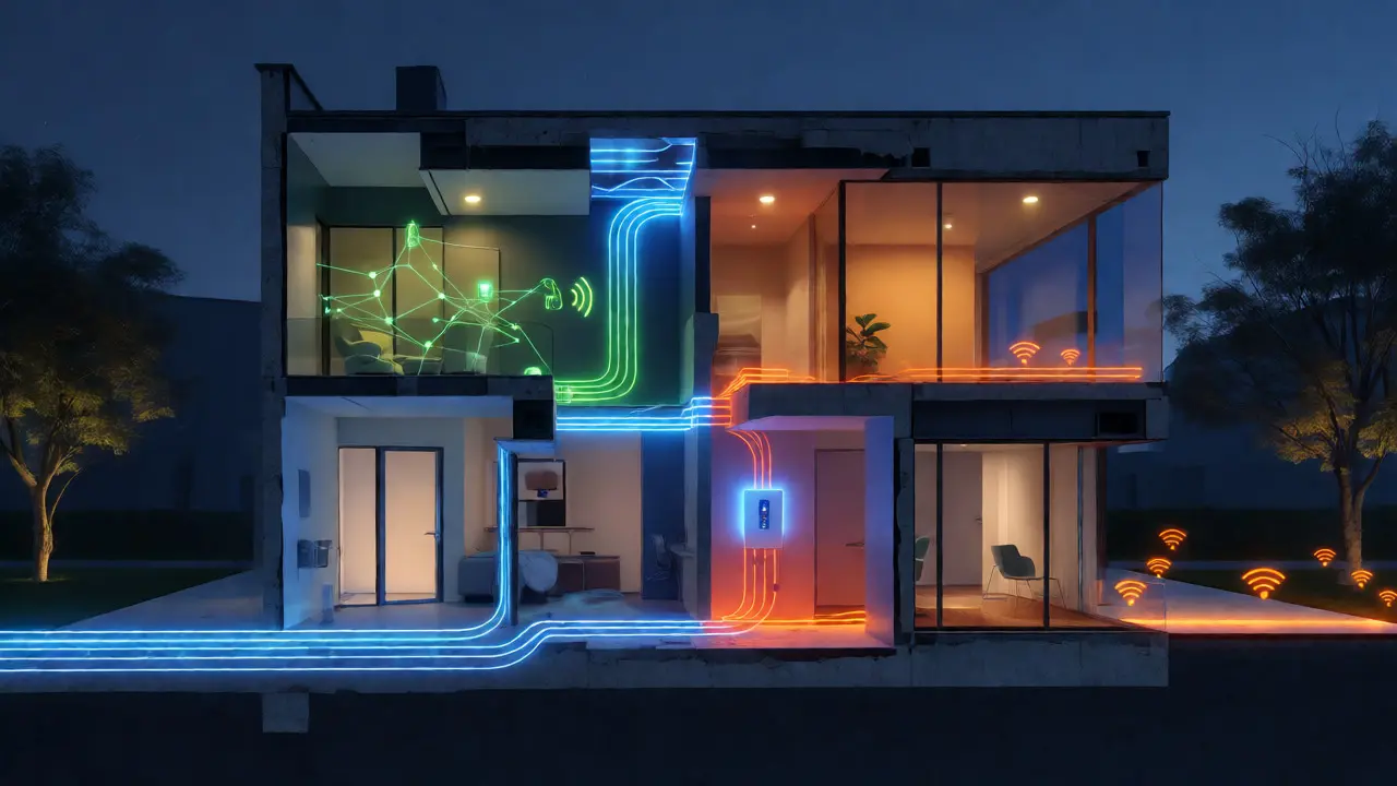 Konzeptionelle Darstellung von Datenflüssen durch verdrahtete und funkgesteuerte Smart-Home-Netzwerke im Hausquerschnitt.