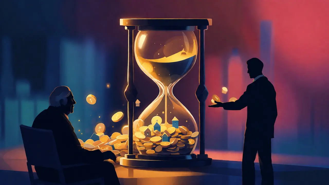 Konzeptkunst einer Sanduhr mit Münzen und Häusern, die den 10-Jahres-Zyklus darstellt.