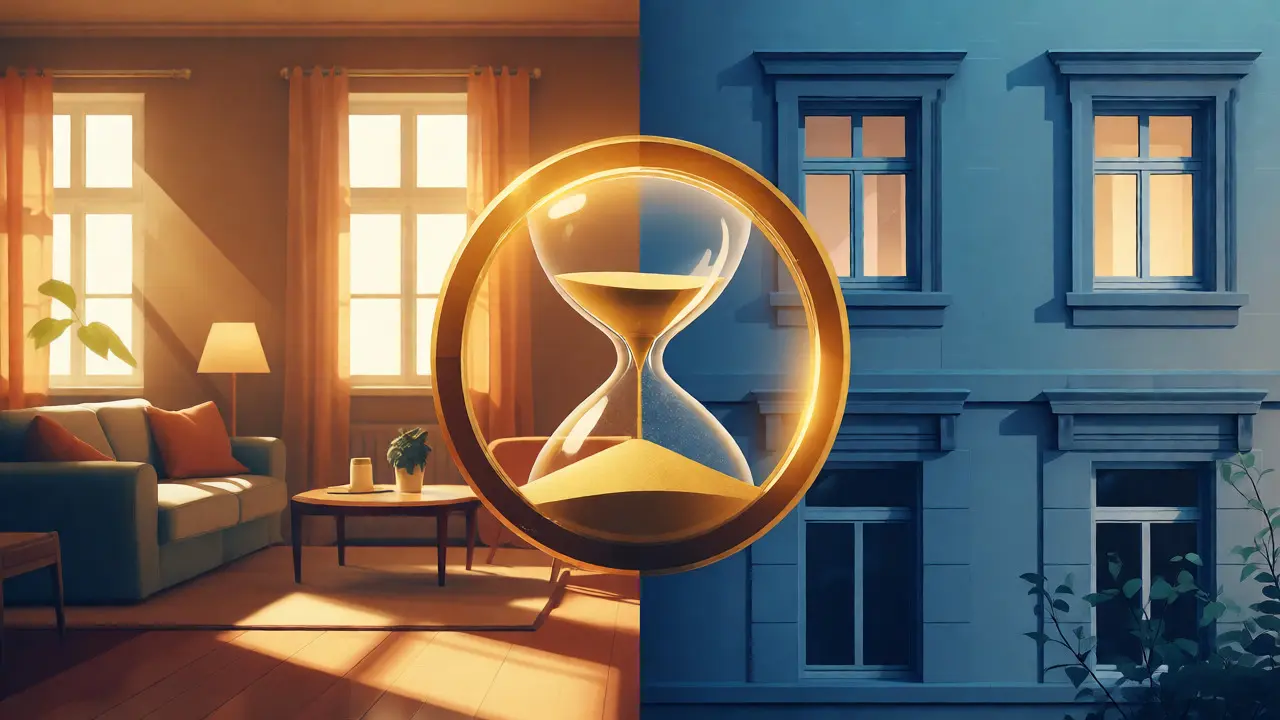 Konzeptuelle Darstellung von Eigennutzung und Vermietung mit Uhr