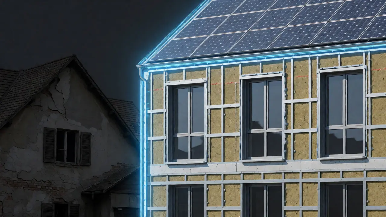 Modernes, energieeffizientes Gebäude mit Solaranlage als Symbol für zukunftsorientierte Investments