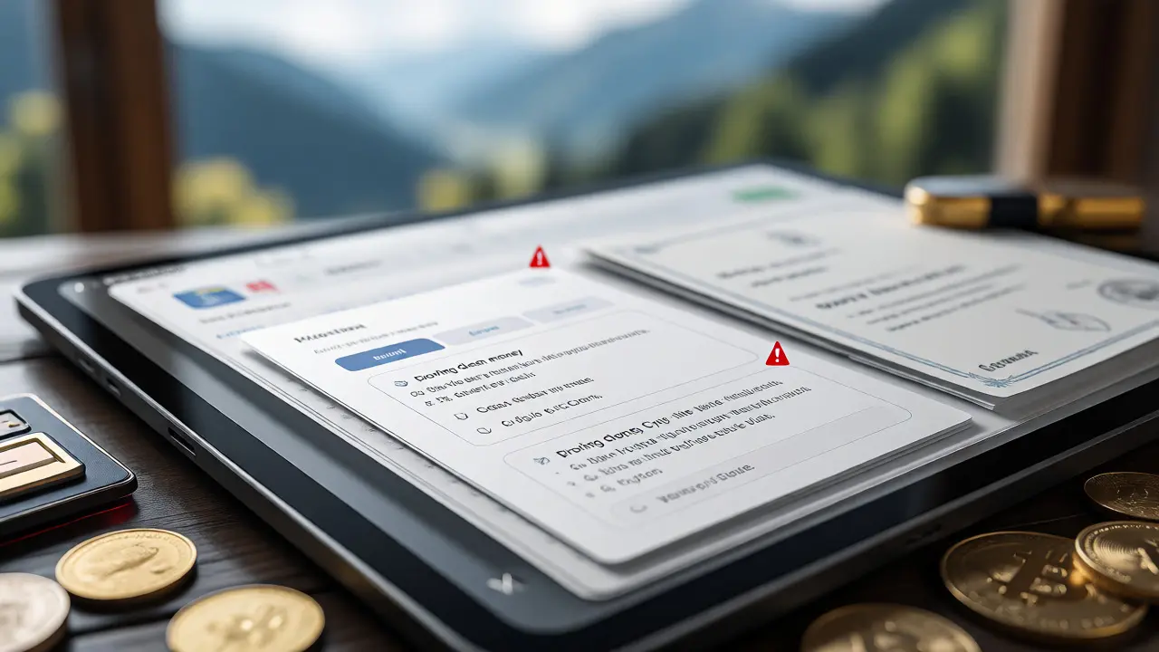 Nahaufnahme von Finanzdokumenten und Krypto-Wallets