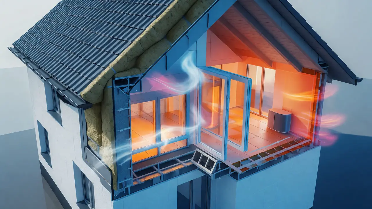 Querschnitt einer Fassadendämmung mit Fenstereinbau