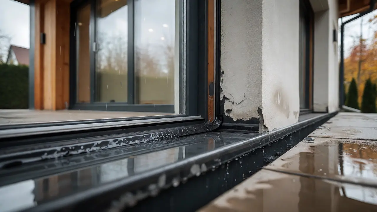 Regenschutz an der Türschwelle einer modernen Fassade