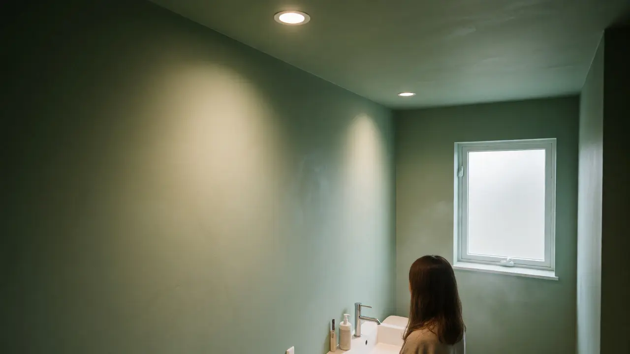 Sagegrüne matte Wand im Badezimmer unter sanfter Beleuchtung.